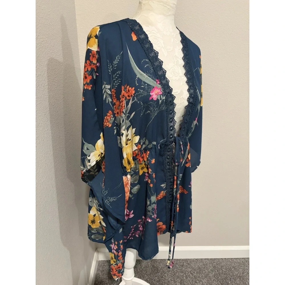 Haute Project Los Angeles Kimono Top~2XL~ Teal Crochet Trim Waist Tie Boho Chic - Picture 3 of 12